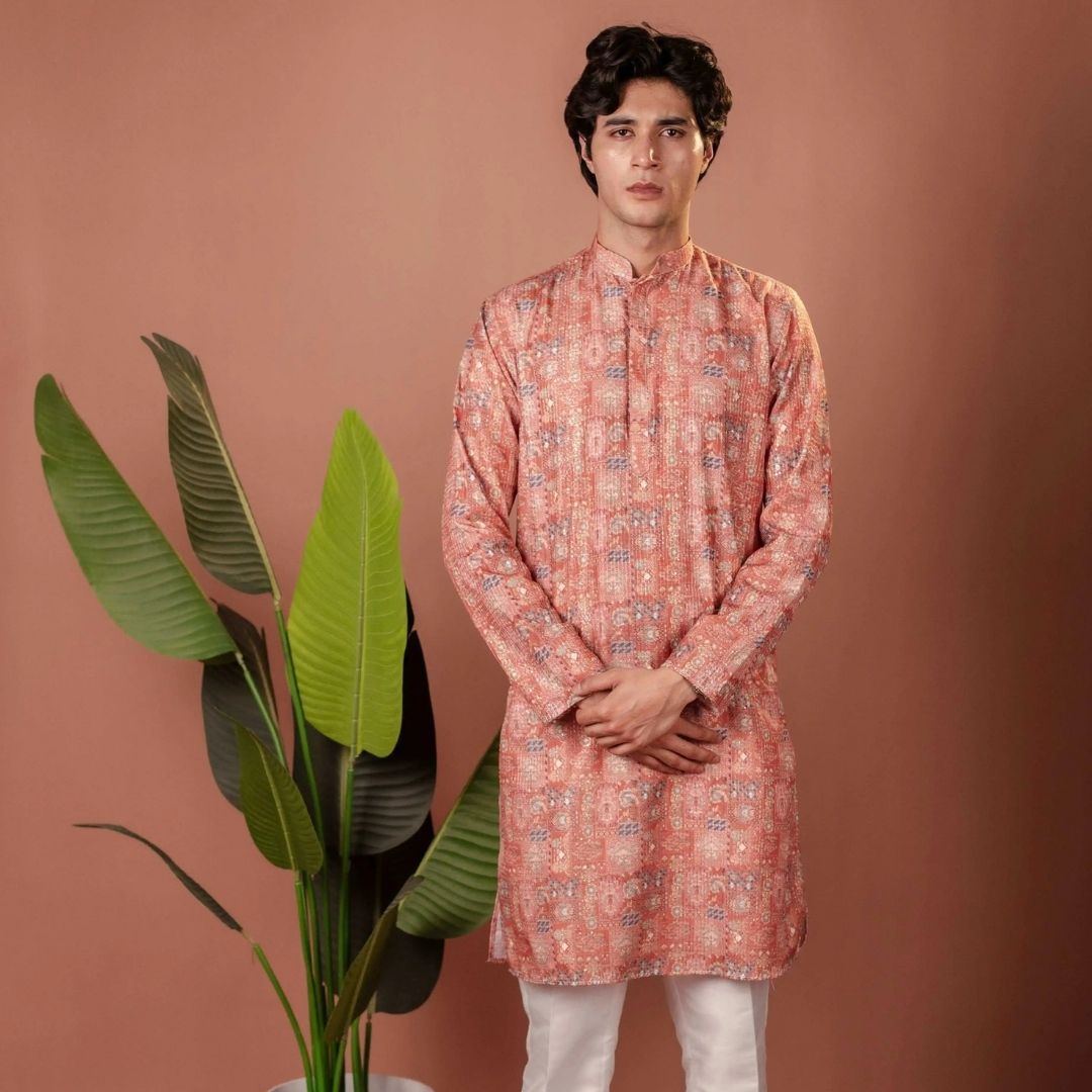 Suutraa Men's Pink Silk Printed Kurta With Off White Pyjama Set - suutraa.com