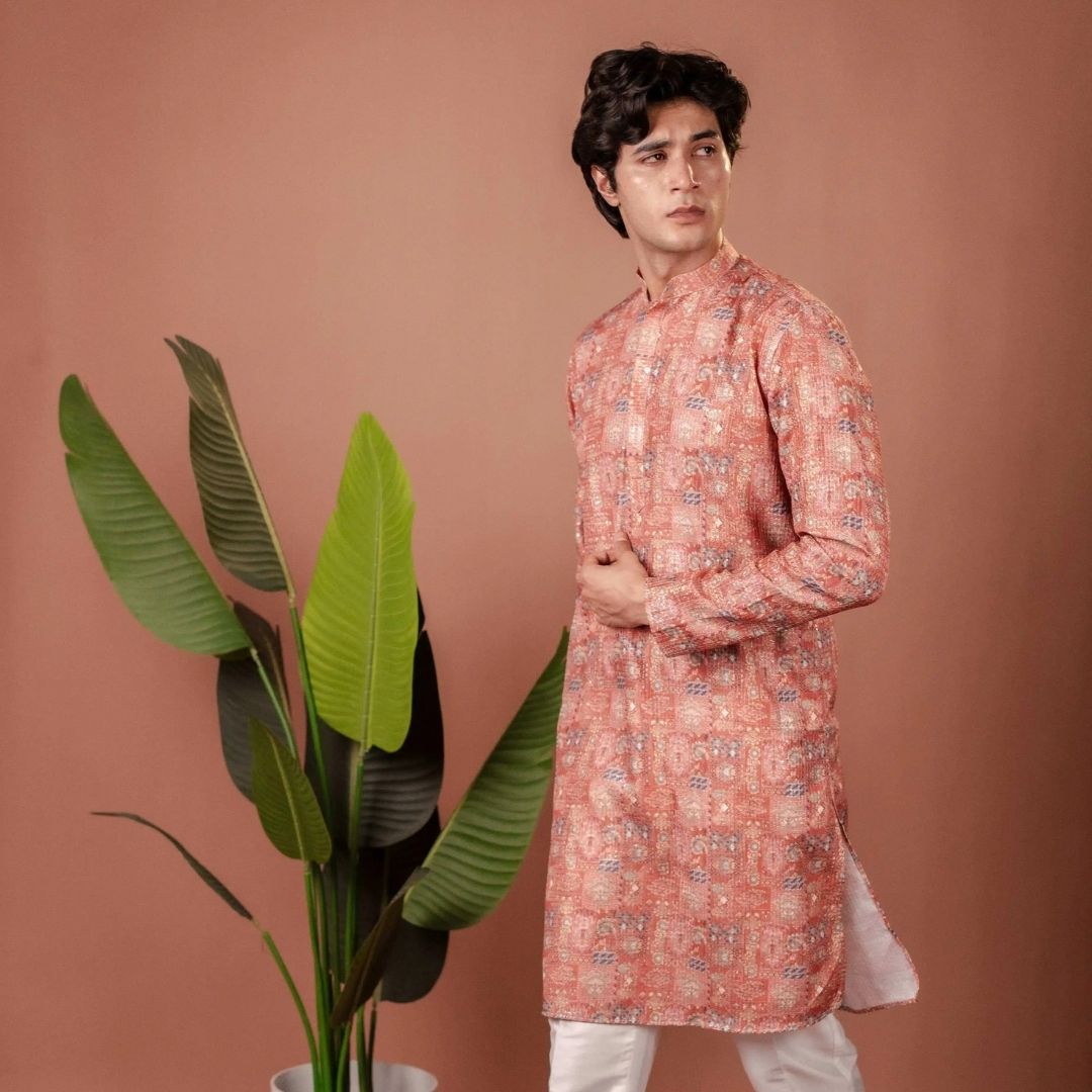 Suutraa Men's Pink Silk Printed Kurta With Off White Pyjama Set - suutraa.com