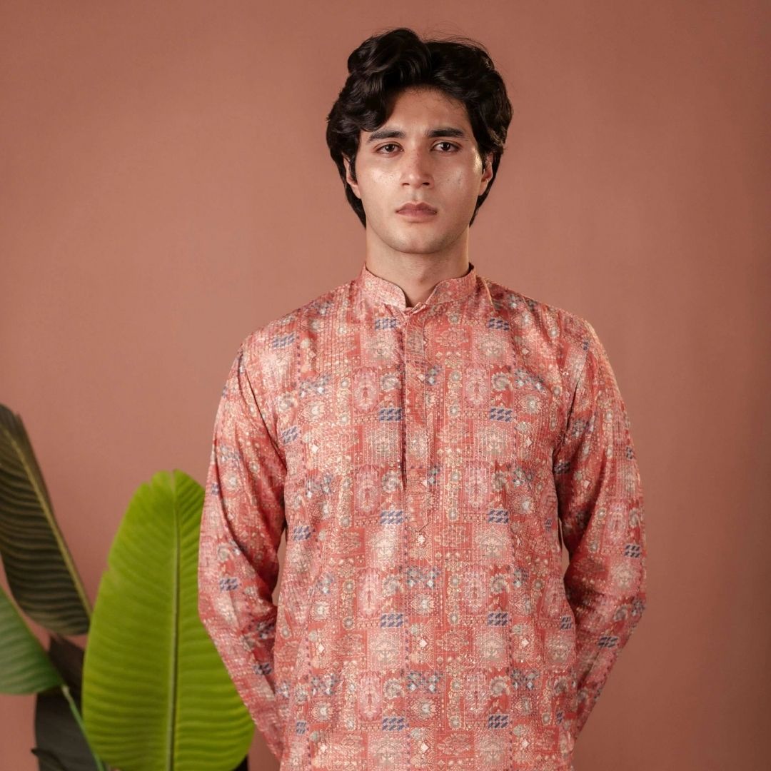 Suutraa Men's Pink Silk Printed Kurta With Off White Pyjama Set - suutraa.com