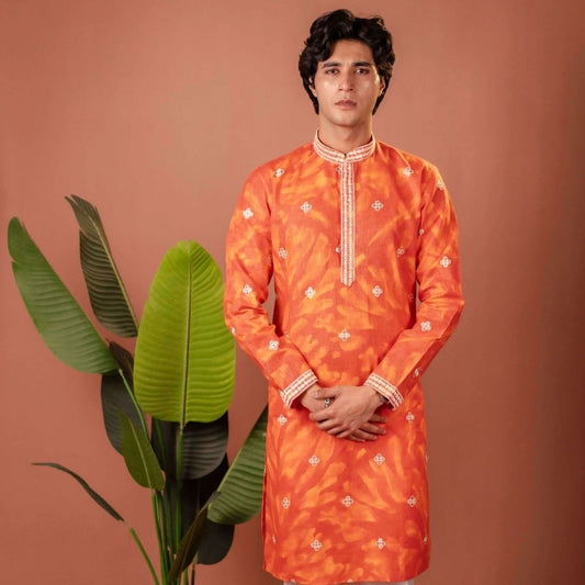 Suutraa Men's Orange Linen Embroided Kurta With Off White Pyjama Set - suutraa.com
