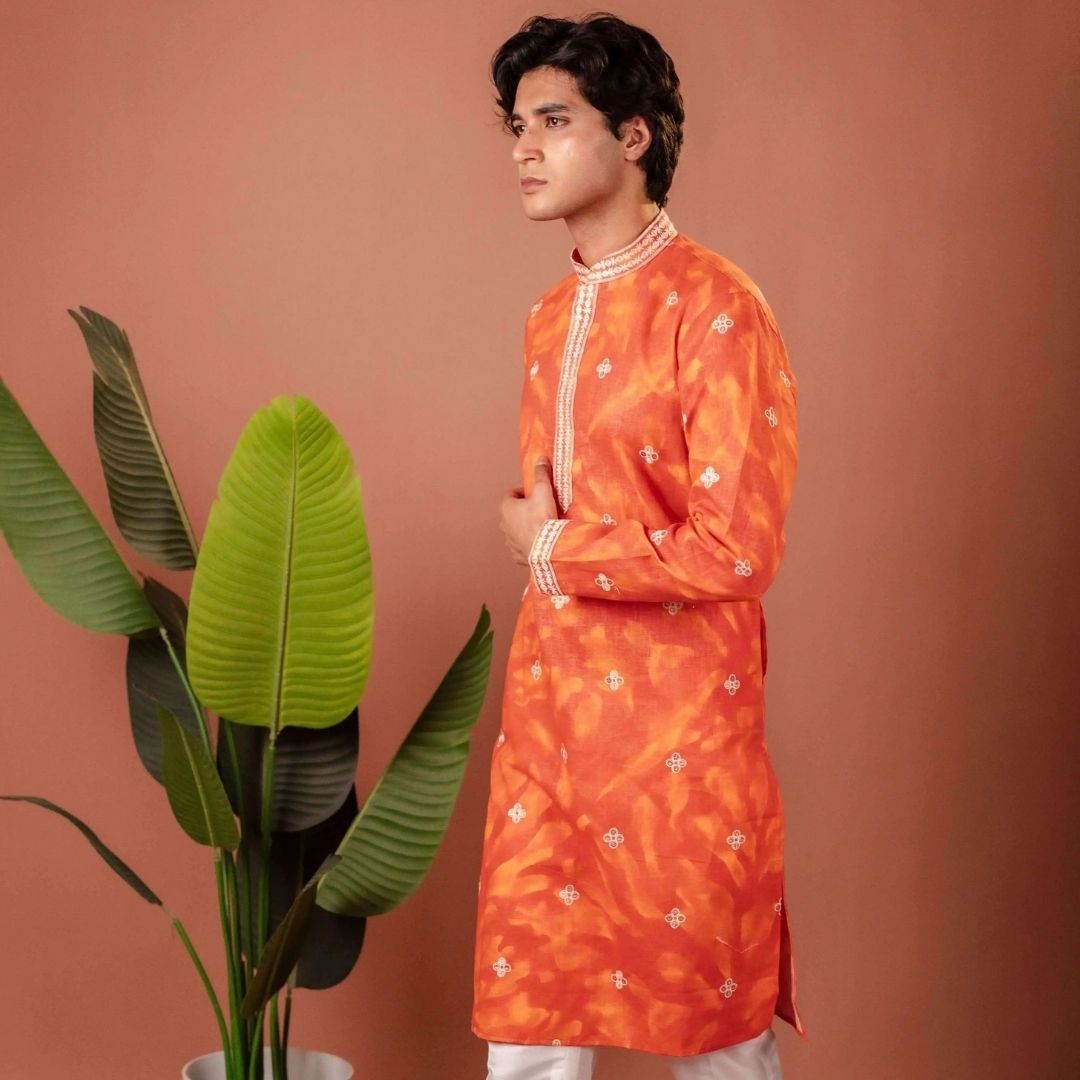 Suutraa Men's Orange Linen Embroided Kurta With Off White Pyjama Set - suutraa.com