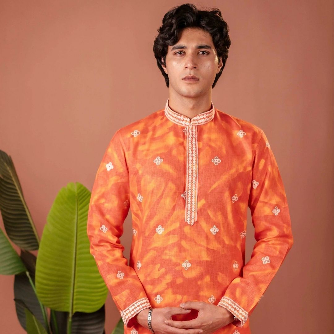 Suutraa Men's Orange Linen Embroided Kurta With Off White Pyjama Set - suutraa.com