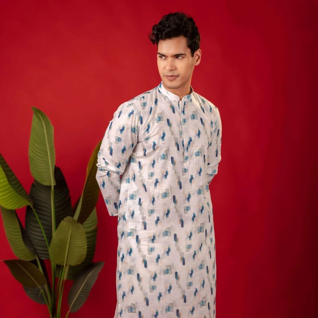 Suutraa Men's White Linen Oil Printed Kurta - suutraa.com