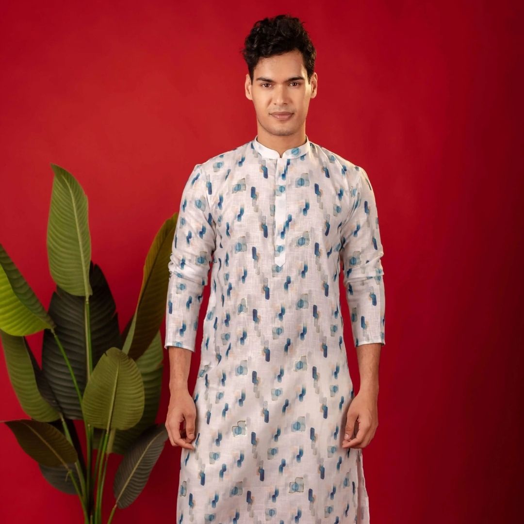Suutraa Men's White Linen Oil Printed Kurta - suutraa.com