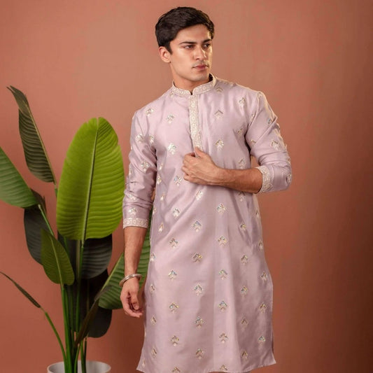 Suutraa Men's Lavender Silk all over Embroided Kurta With Off White Pyjama Set - suutraa.com
