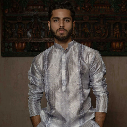 Suutraa Men's Grey Silk Ombre Kurta - suutraa.com