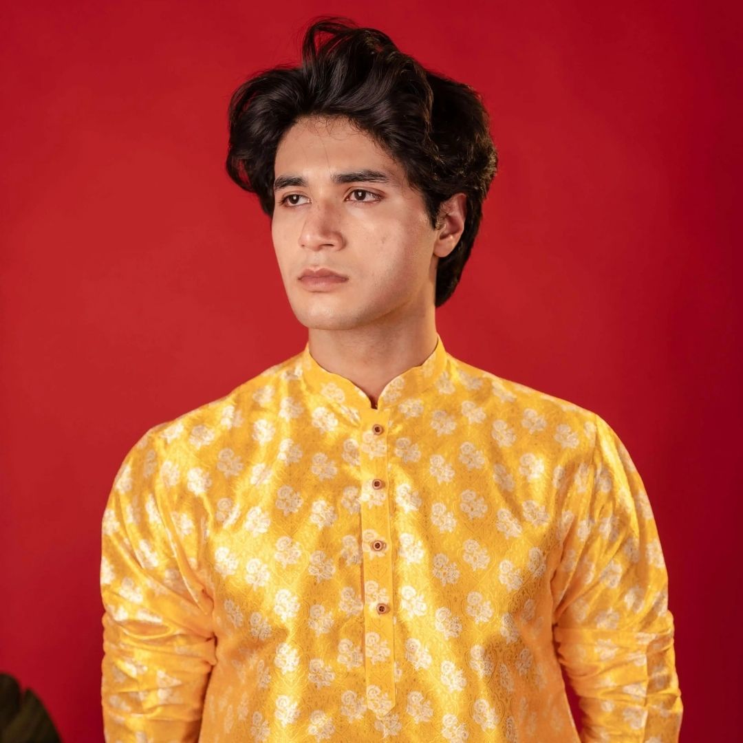 Suutraa Men's Yellow Printed Jaquard Kurta - suutraa.com