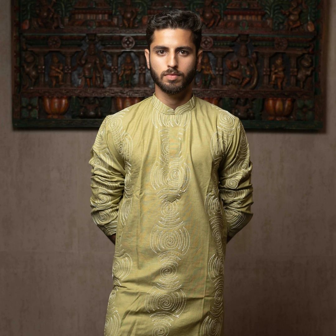 Suutraa Men's PARROT GREEN THREAD EMBROIDED KURTA WITH OFF WHITE PYJAMA SET - suutraa.com
