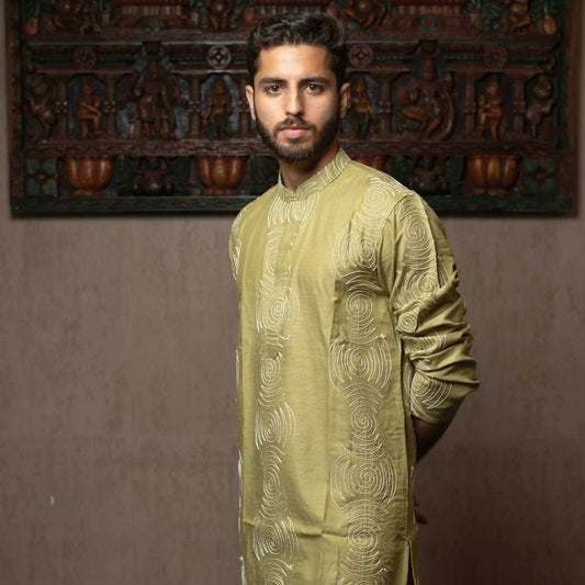 Suutraa Men's PARROT GREEN THREAD EMBROIDED KURTA WITH OFF WHITE PYJAMA SET - suutraa.com