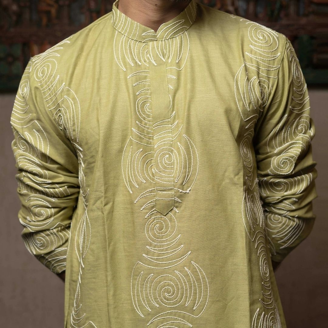 Suutraa Men's PARROT GREEN THREAD EMBROIDED KURTA WITH OFF WHITE PYJAMA SET - suutraa.com