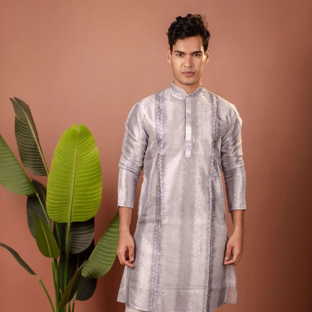 Suutraa Men's Grey Silk Ombre Kurta - suutraa.com