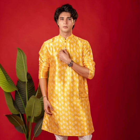 Suutraa Men's Yellow Printed Jaquard Kurta - suutraa.com