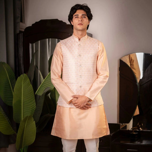 SUUTRAA MEN'S CLASSIC PEACH SILK NEHRU JACKET - suutraa.com