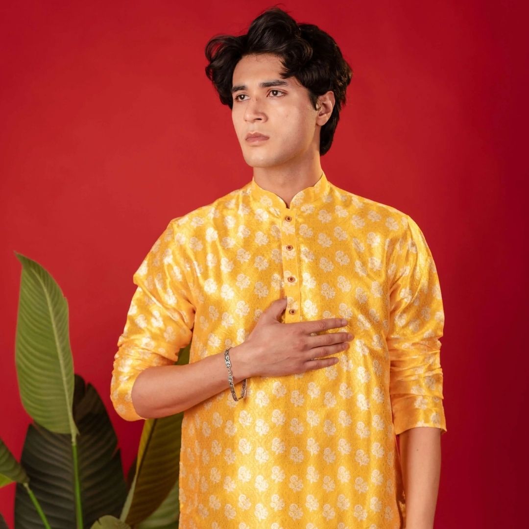 Suutraa Men's Yellow Printed Jaquard Kurta - suutraa.com