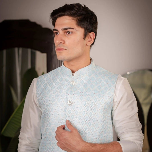 SUUTRAA MEN'S SKY BLUE SILK NEHRU JACKET - suutraa.com