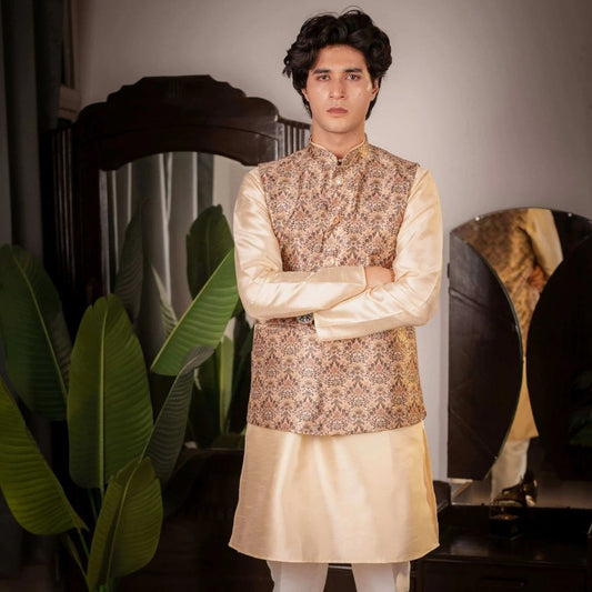 SUUTRAA MEN'S BEIGE SILK NEHRU JACKET - suutraa.com