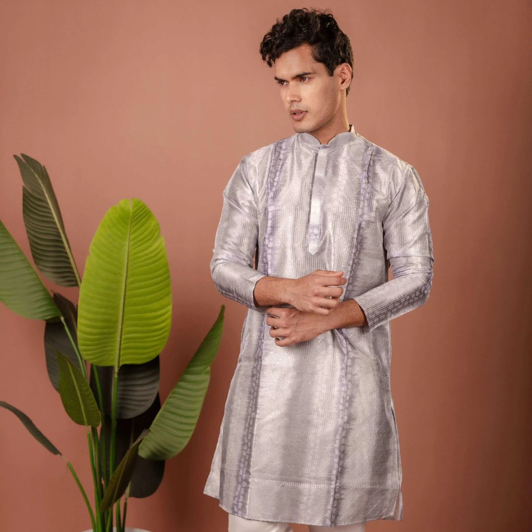 Suutraa Men's Grey Silk Ombre Kurta - suutraa.com