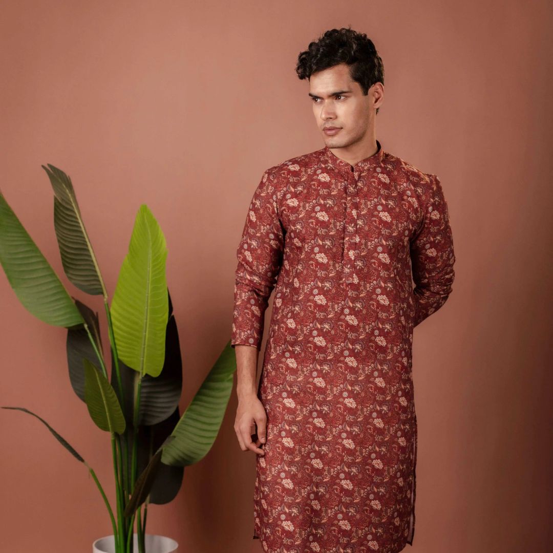 Suutraa Men's Maroon Cotton Printed Kurta - suutraa.com