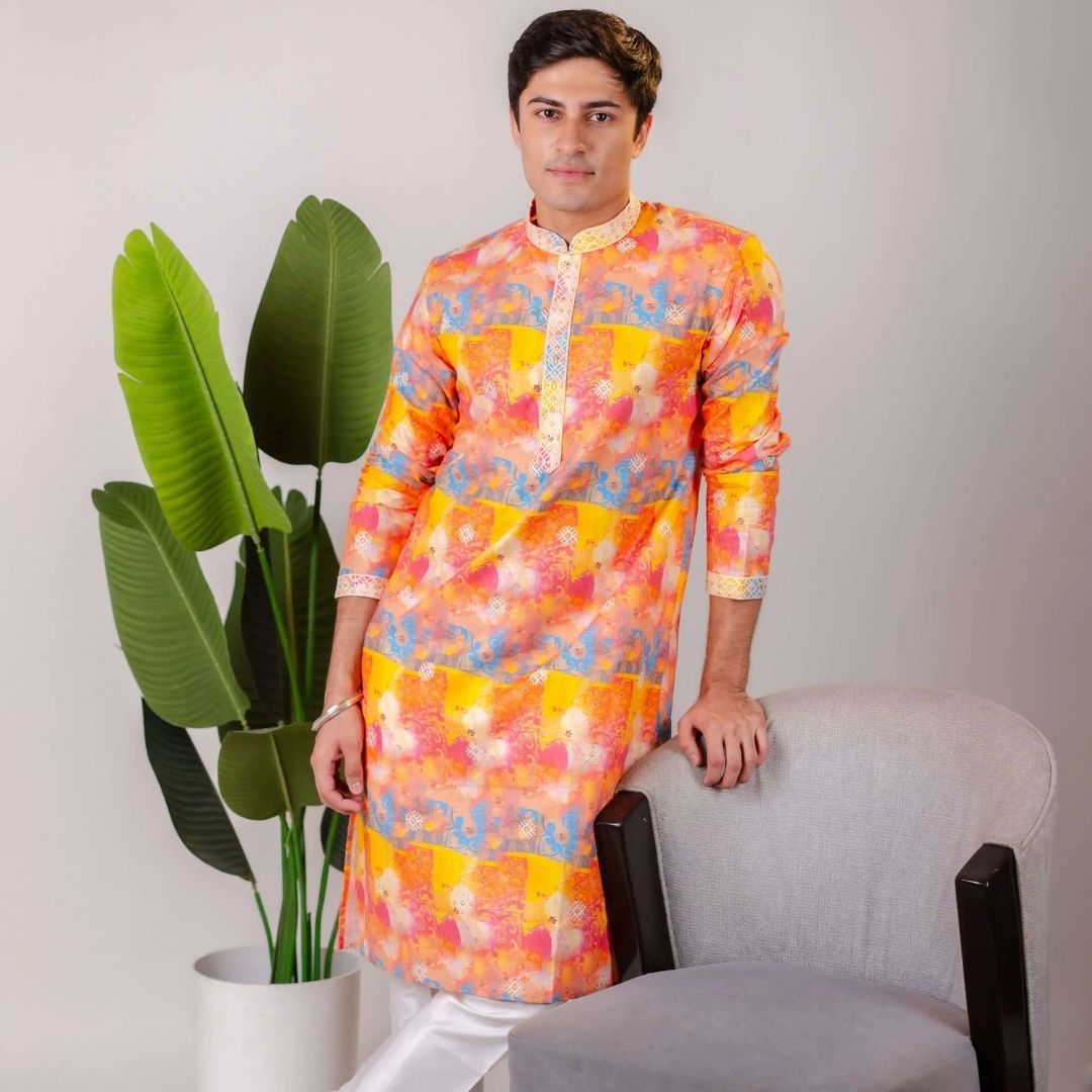 Suutraa Men's Multiprinted Linen CP Kurta - suutraa.com