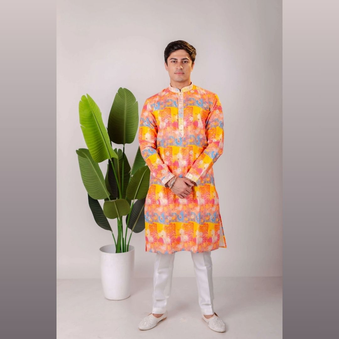 Suutraa Men's Multiprinted Linen CP Kurta - suutraa.com