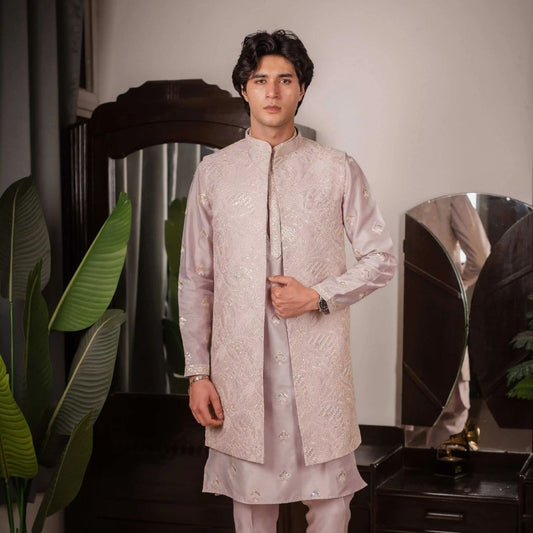 Suutraa Men's Lavender Silk Embroided Kurta Pyjama Jacket Set - suutraa.com
