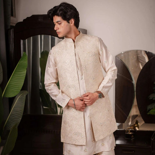 Suutraa Men's Rose Gold Silk Embroided Kurta Pyjama Jacket Set - suutraa.com