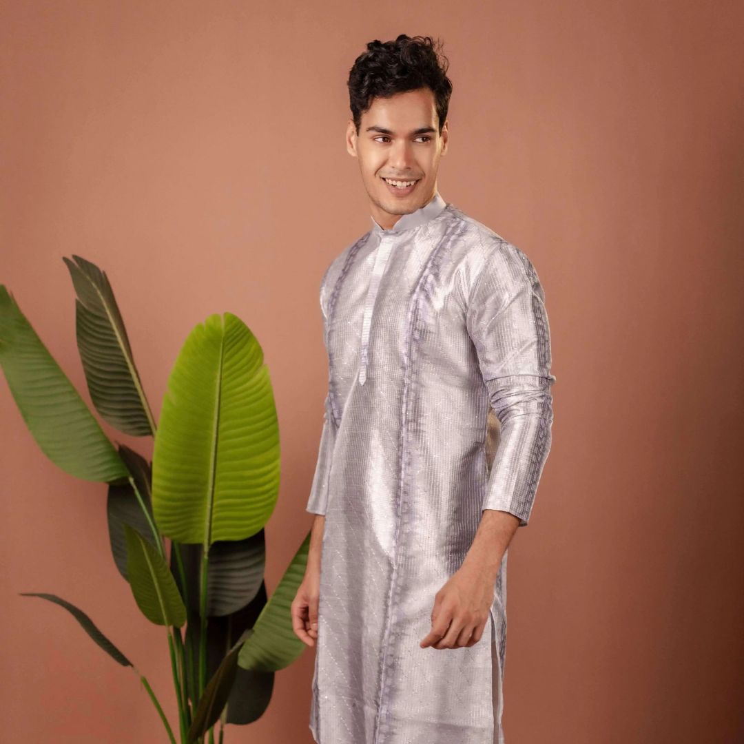 Suutraa Men's Grey Silk Ombre Kurta - suutraa.com