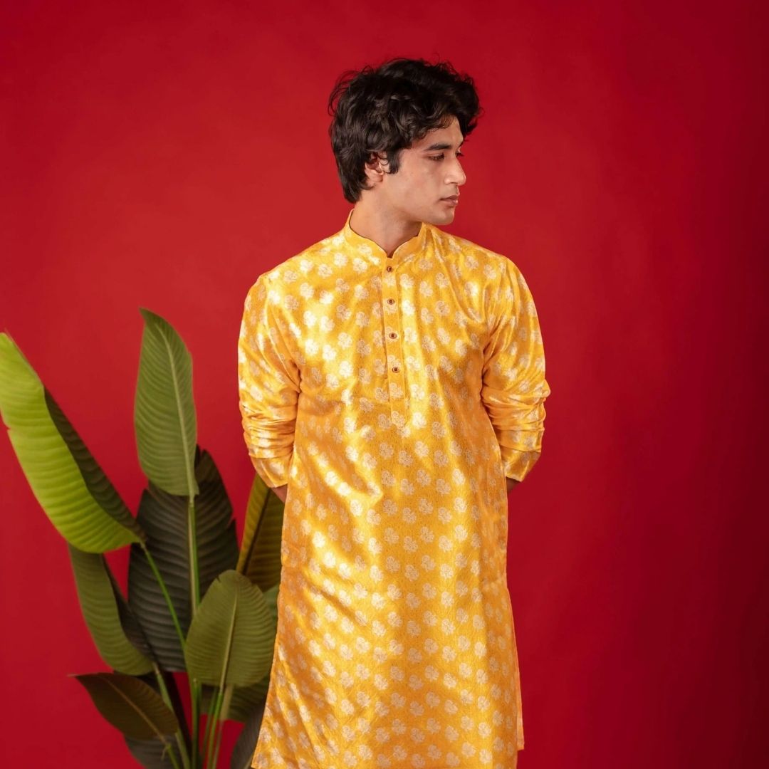 Suutraa Men's Yellow Printed Jaquard Kurta - suutraa.com