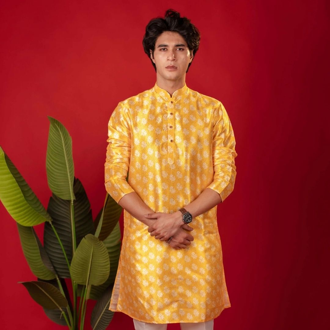 Suutraa Men's Yellow Printed Jaquard Kurta - suutraa.com
