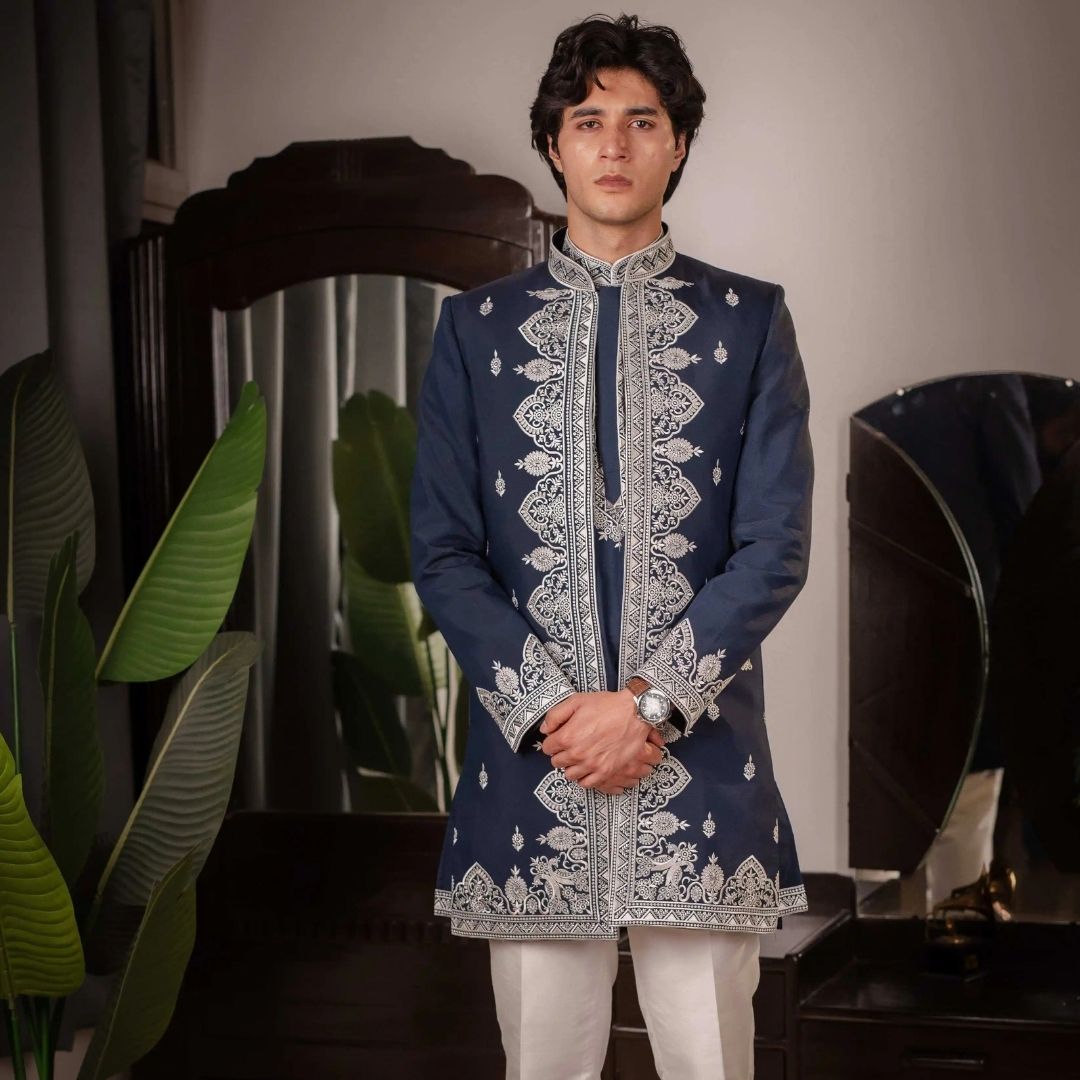 Suutraa Men's Navy Blue Silk Embroided Kurta with Jacket Pyjama Set - suutraa.com