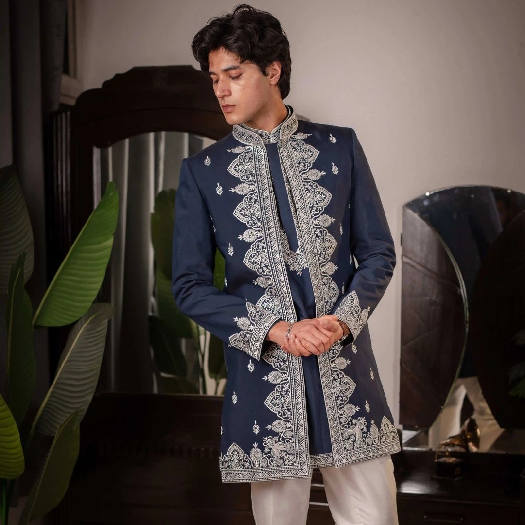 Suutraa Men's Navy Blue Silk Embroided Kurta with Jacket Pyjama Set - suutraa.com