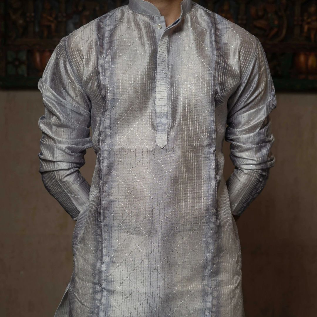 Suutraa Men's Grey Silk Ombre Kurta - suutraa.com