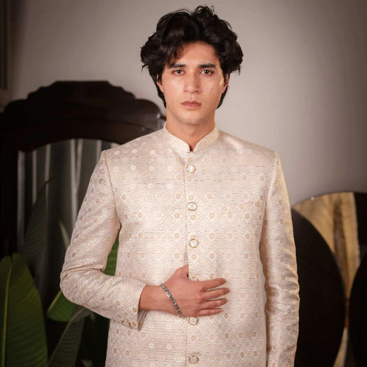 Suutraa Men's Beige Silk Jaquard Indowestern Pyjama Set - suutraa.com