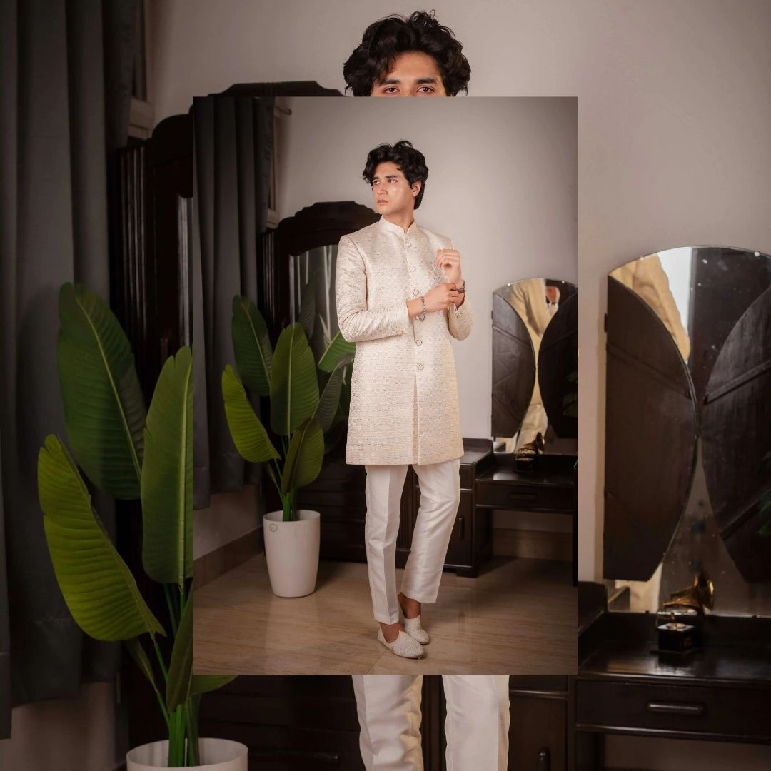 Suutraa Men's Beige Silk Jaquard Indowestern Pyjama Set - suutraa.com