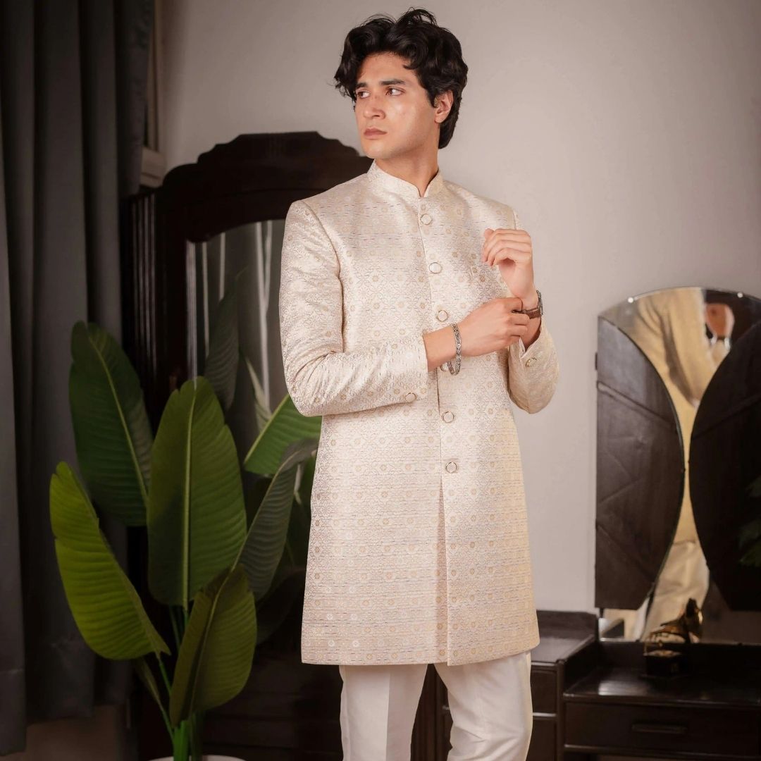 Suutraa Men's Beige Silk Jaquard Indowestern Pyjama Set - suutraa.com