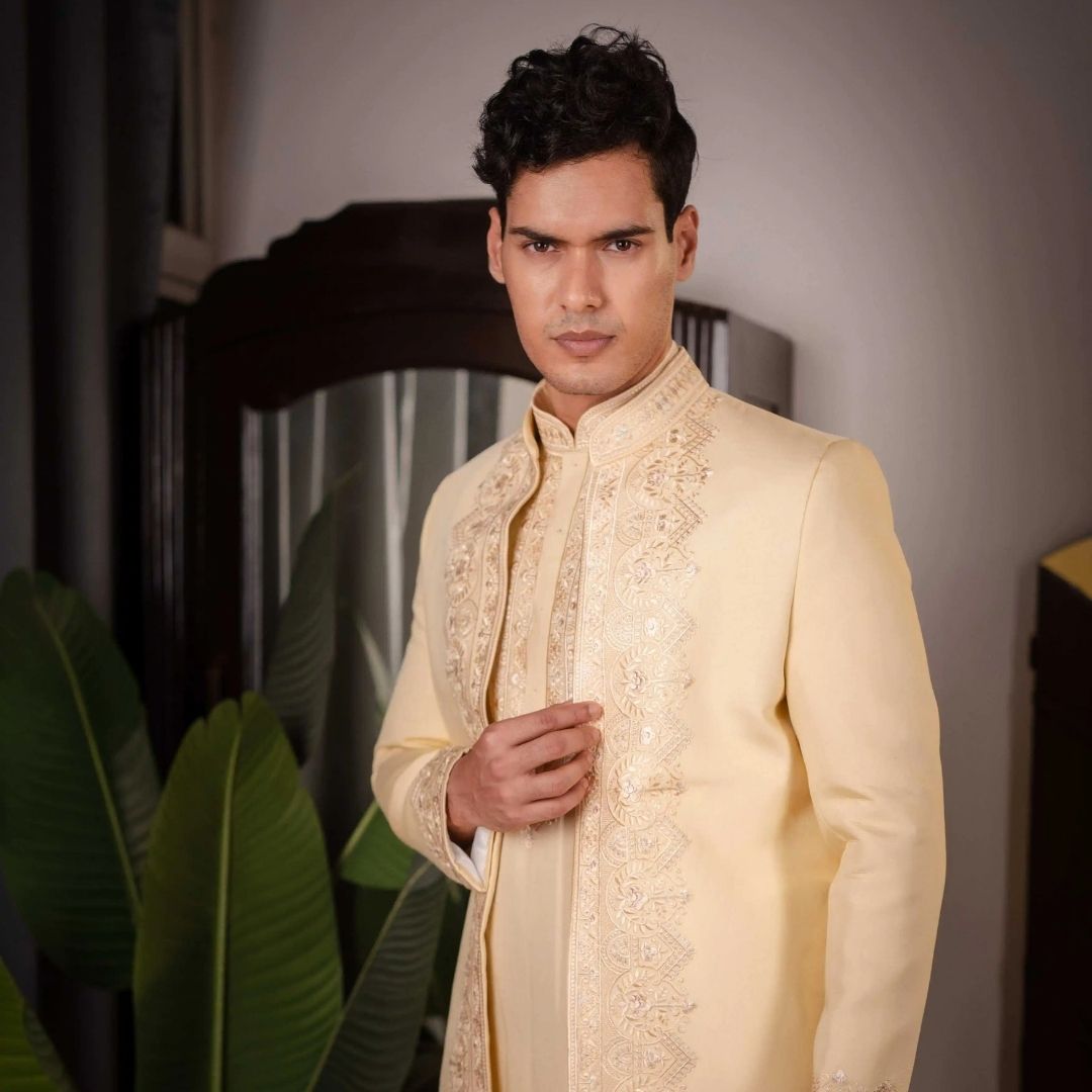 Suutraa Men's Gold Silk Embroidered Indo-Western Kurta Pyjama Set - suutraa.com