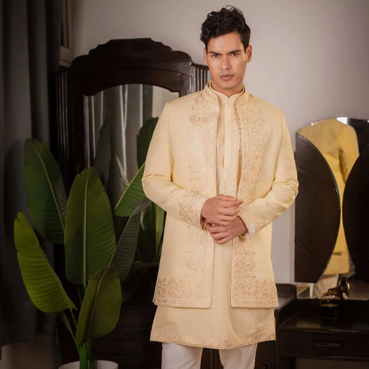 Suutraa Men's Gold Silk Embroidered Indo-Western Kurta Pyjama Set - suutraa.com