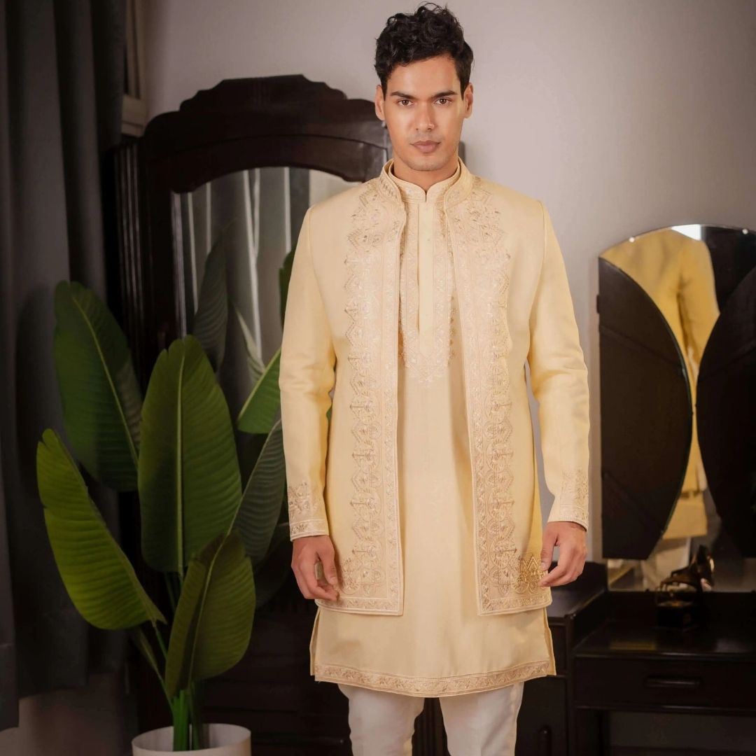 Suutraa Men's Gold Silk Embroidered Indo-Western Kurta Pyjama Set - suutraa.com