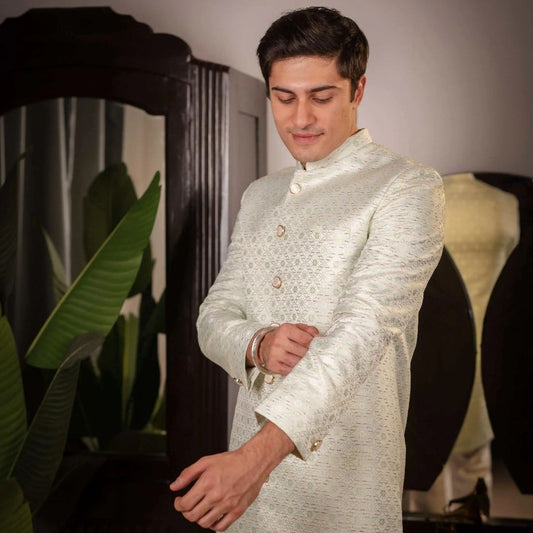 Suutraa Men's Pista Green Jaquard Indo Pyjama Set - suutraa.com