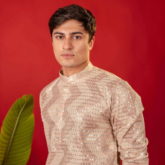Suutraa Men's Rose Gold All Over Embroided Kurta - suutraa.com