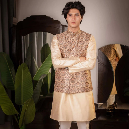Suutraa Men's Beige Silk Kurta with Printed Jacket Pyjama Set - suutraa.com
