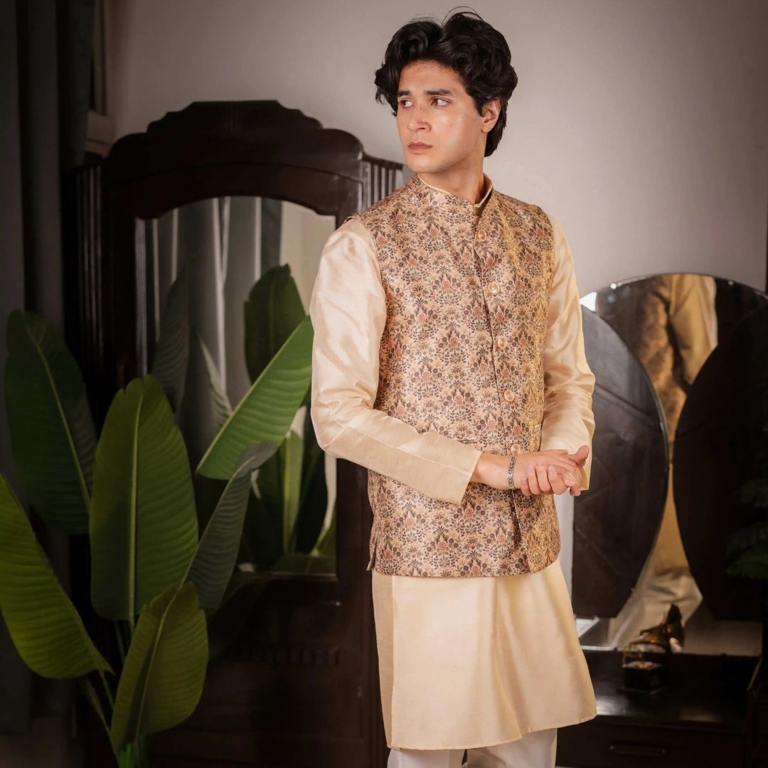 Suutraa Men's Beige Silk Kurta with Printed Jacket Pyjama Set - suutraa.com