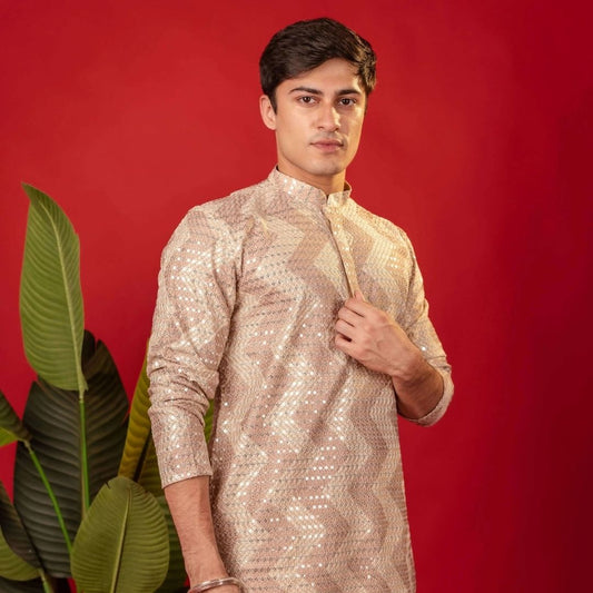 Suutraa Men's Rose Gold All Over Embroided Kurta - suutraa.com