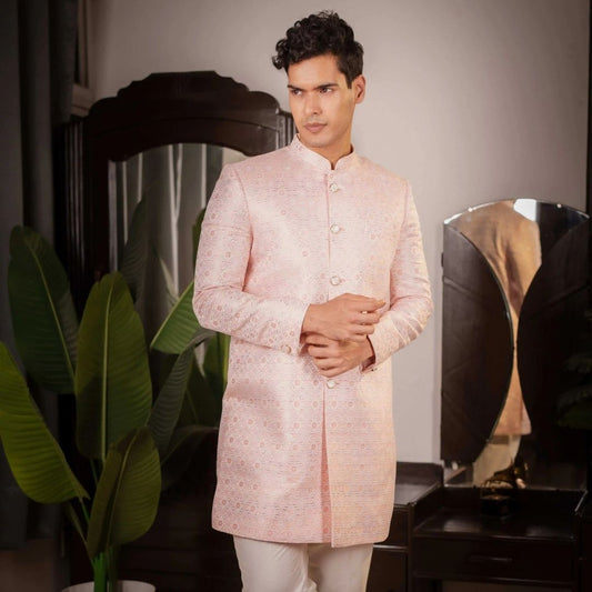 Suutraa Men's Pink Jaquard Classic Indo Pyjama Set - suutraa.com