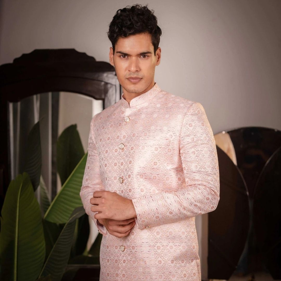 Suutraa Men's Pink Jaquard Classic Indo Pyjama Set - suutraa.com
