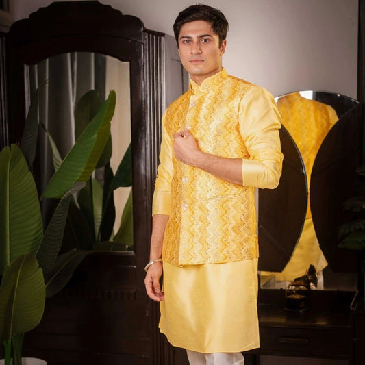 Suutraa Men"s Yellow Silk Kurta Pyjama Jacket Set - suutraa.com