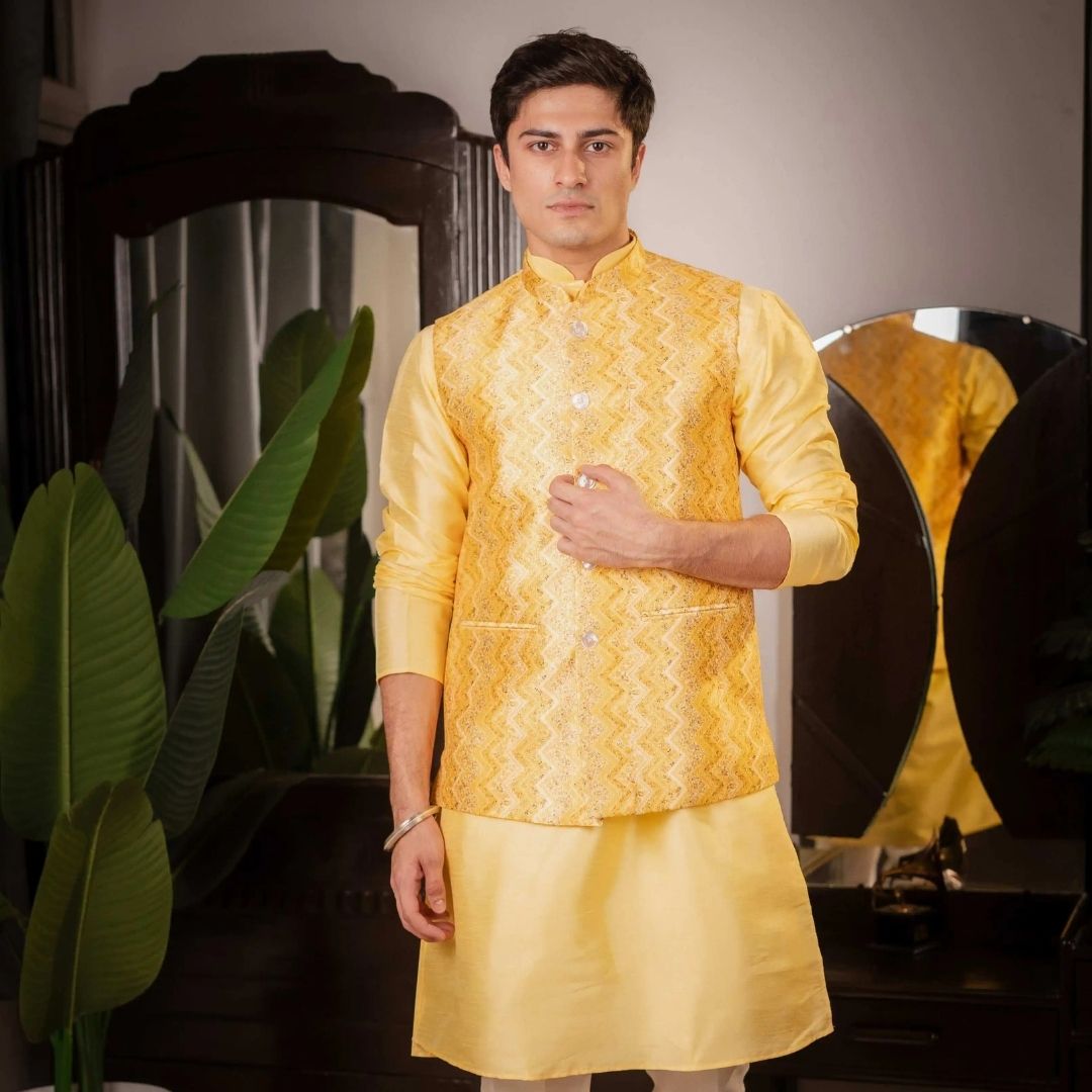 Suutraa Men"s Yellow Silk Kurta Pyjama Jacket Set - suutraa.com