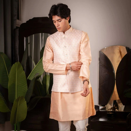 Suutraa Men's Classic Peach Silk Kurta Pyjama Jacket Set - suutraa.com