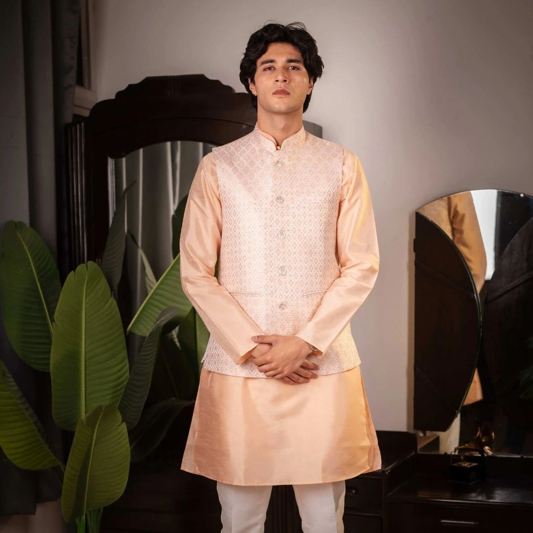 Suutraa Men's Classic Peach Silk Kurta Pyjama Jacket Set - suutraa.com