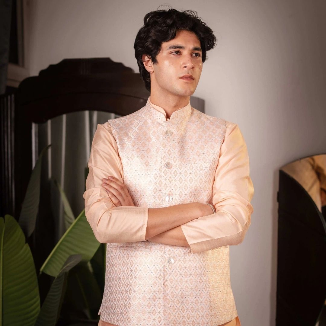 Suutraa Men's Classic Peach Silk Kurta Pyjama Jacket Set - suutraa.com